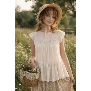 Jun & Ivy Gauze Lace Top Flutter Sleeve Ruffle Babydoll Cream Sm Top Cottagecore